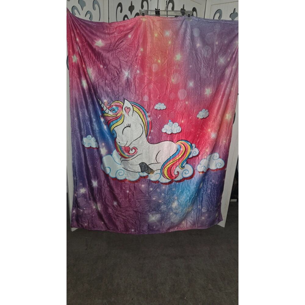 Unicorn New  Plush Throw Blanket Rainbow Stars Clouds Soft Kids 40x50 Pink